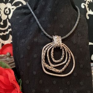 Chicos Multi Ring Patterned Bale Necklace Braided Leather Cord Black Silver Tone